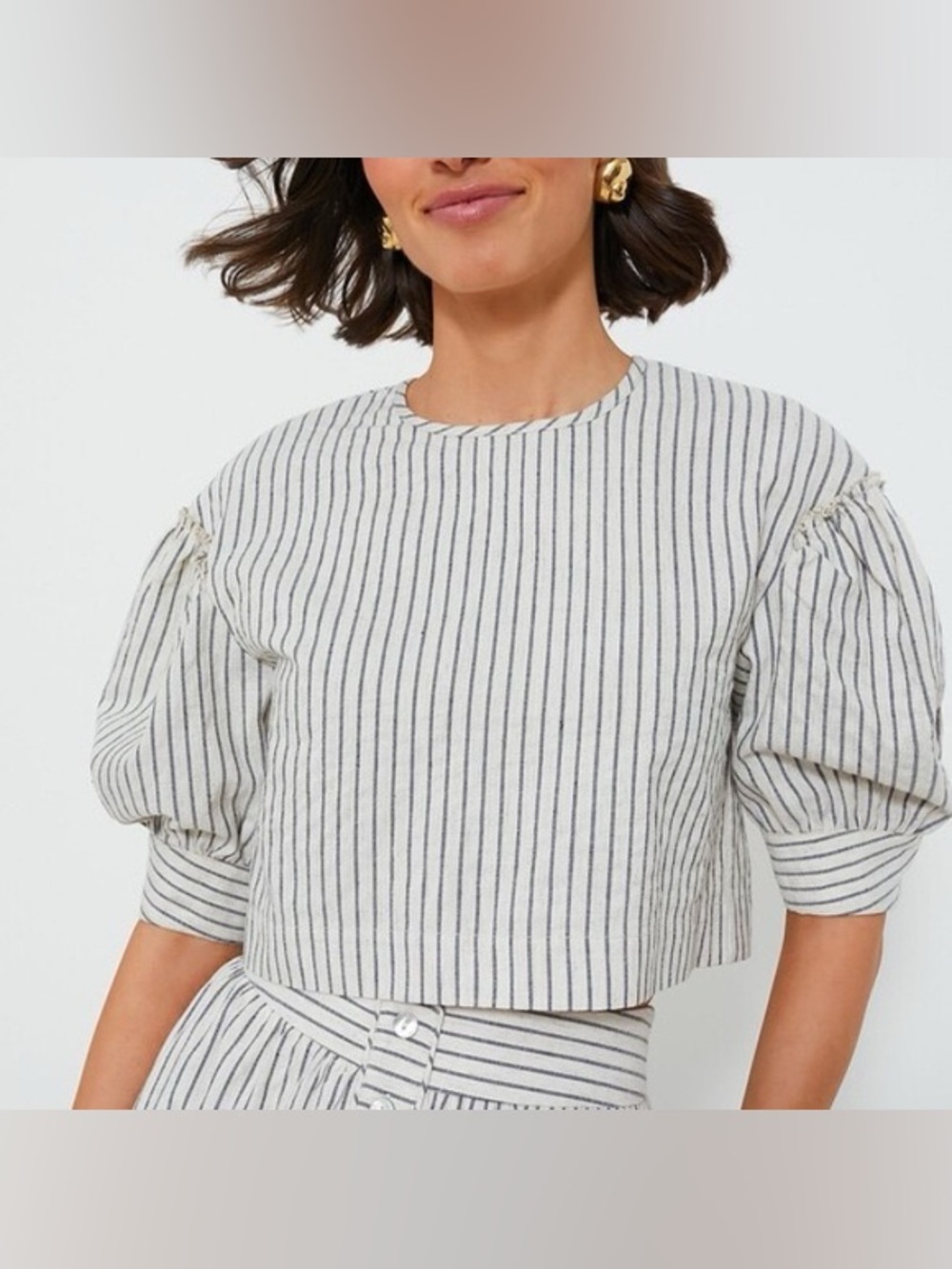 NWT Tuckernuck Stripe Edie Puff Sleeve Linen Crop Top